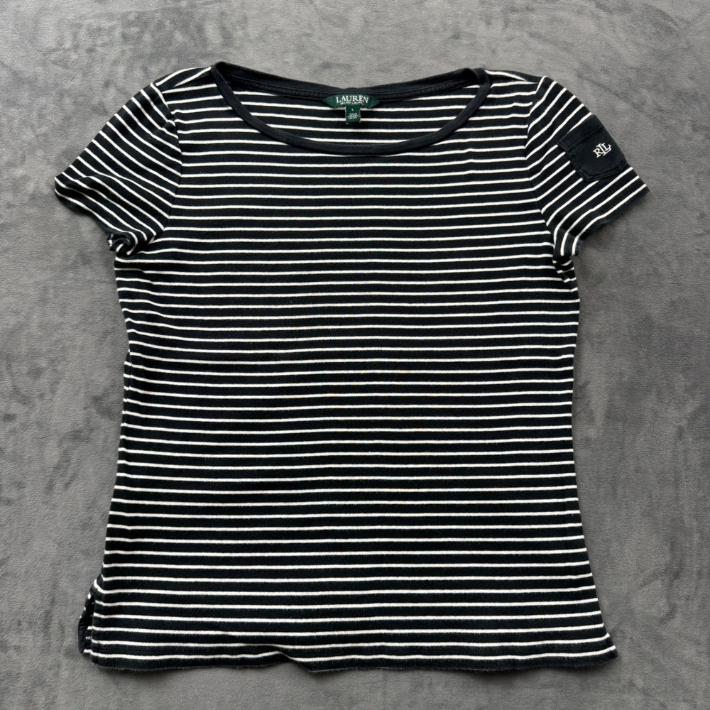 Lauren Ralph Lauren Black White Striped Short Sleeve Scoop Neck Top Large